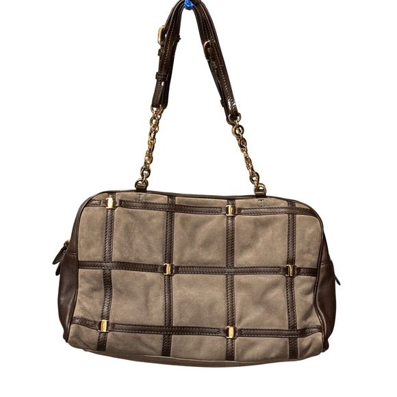 Salvatore Ferragamo Suede Leather Trim‎ Chain Shoulder Bag Brown Gold Hardware